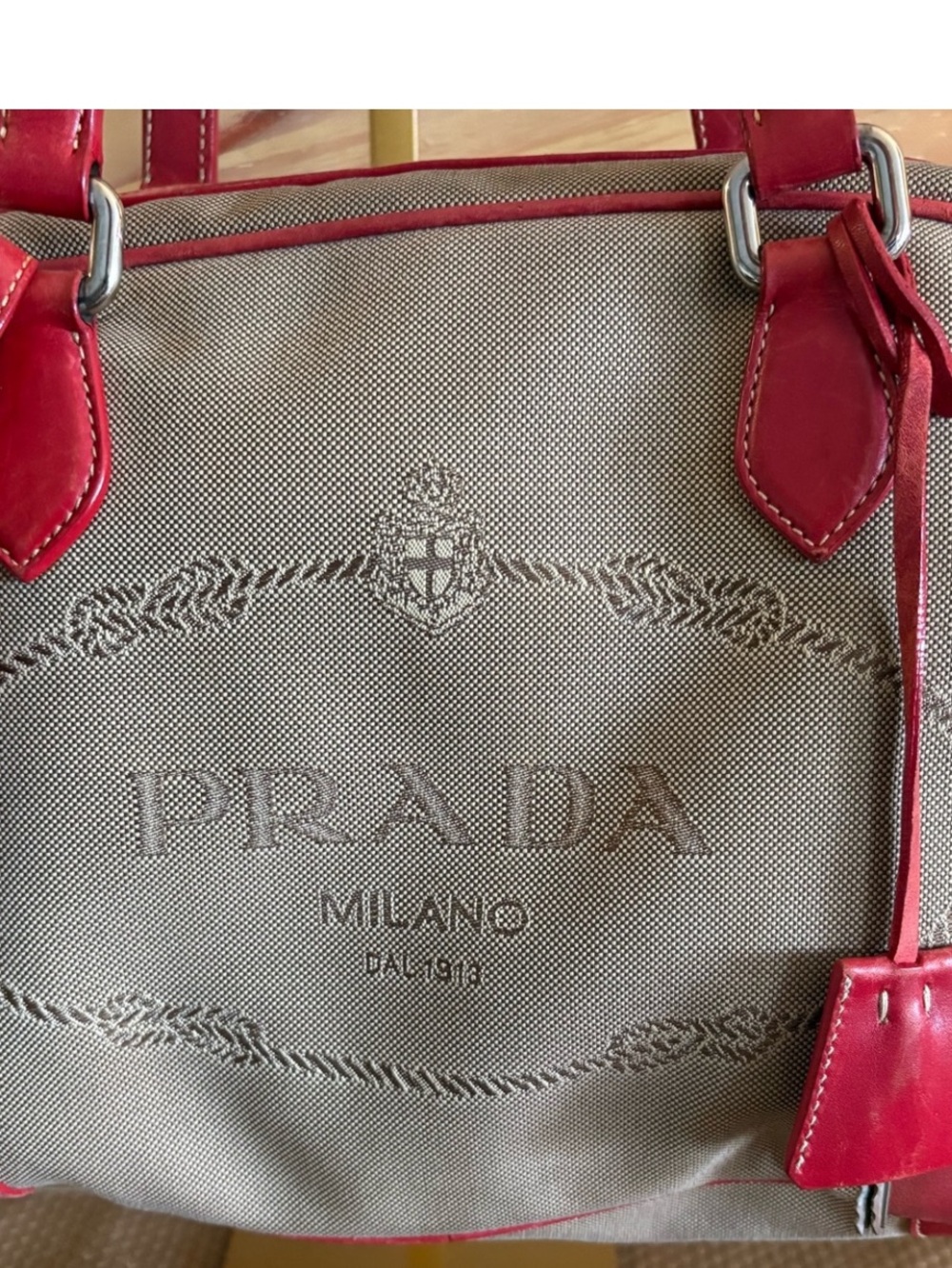 Prada Beige Canvas Shoulder Bag with Red Leather Trim COA - Picture 2 of 13
